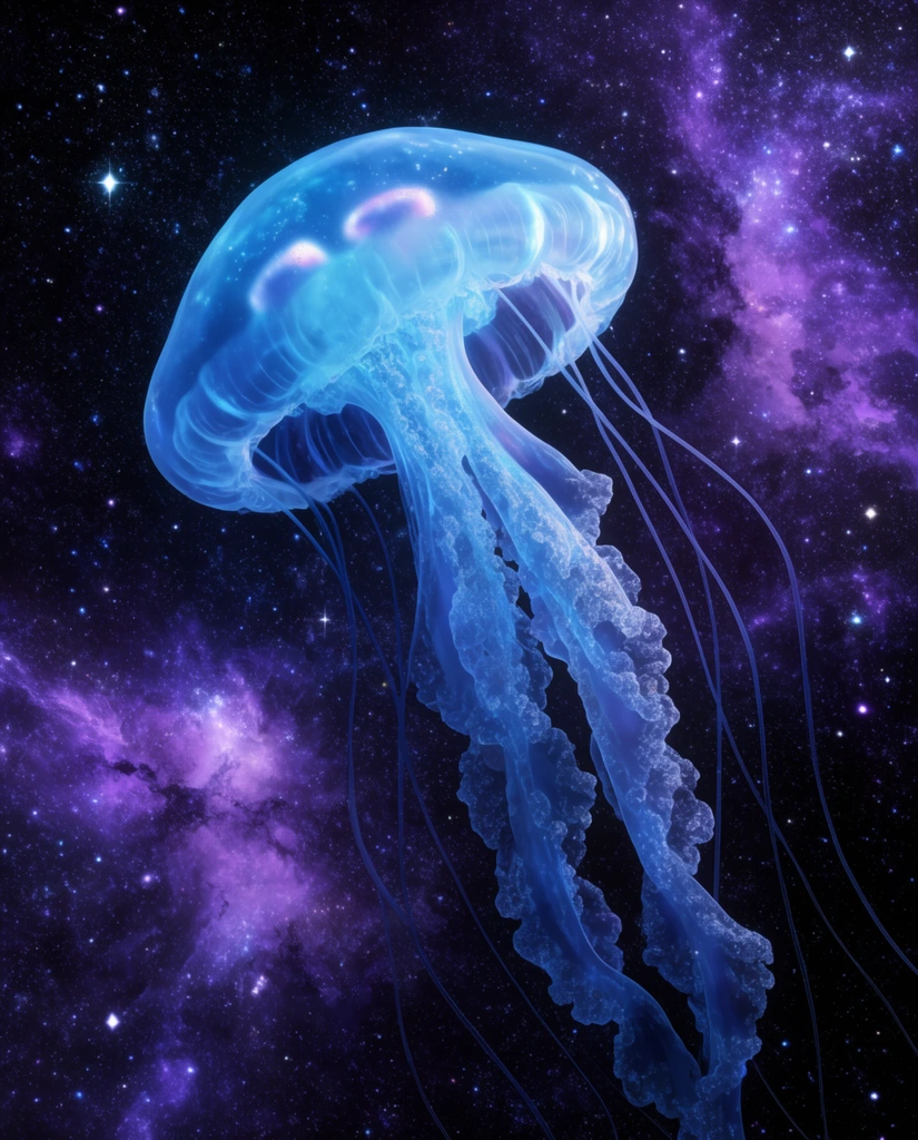 Bioluminescent blue jellyfish floating in outer space, glowing translucent bell, thick textured tentacles, vibrant purple nebula, bright starry cosmos