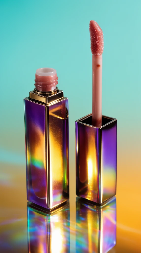An open rectangular lip gloss tube and wand rest on a mirrored surface. The metallic packaging boasts a vivid iridescent finish reflecting gold and purple. A smooth aqua to golden-orange gradient background creates distorted holographic reflections below.