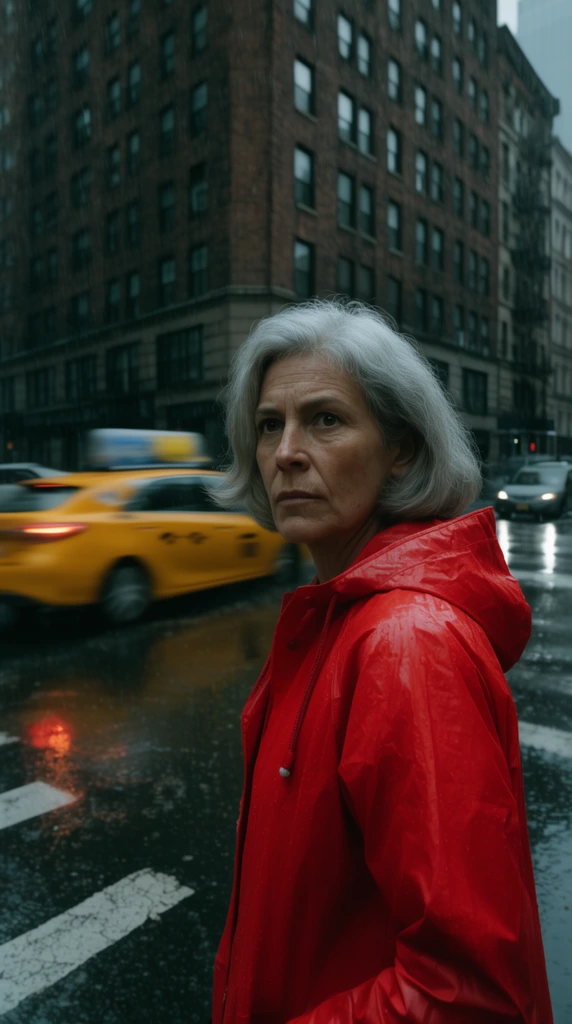 A middle-aged woman with short gray hair stands in the right foreground wearing a bright red raincoat. She stares intensely off-camera. Behind her, a blurred yellow taxi speeds through an urban intersection. The background features rain-slicked streets and tall brick buildings, captured in a cinematic widescreen composition with moody daylight.