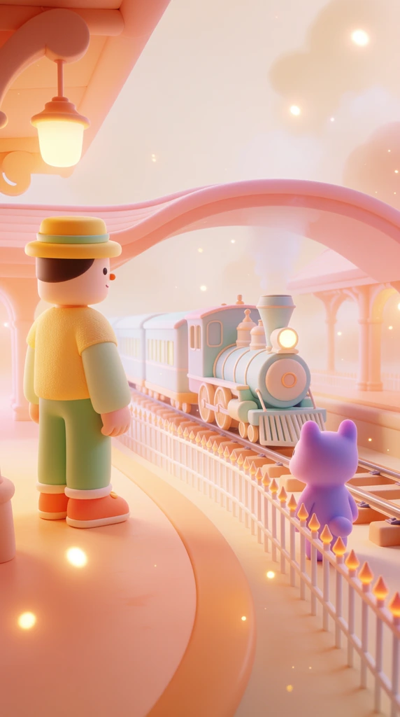 A soft pastel 3D rendering of a whimsical train station bathed in warm, peachy volumetric lighting. In the left foreground, a stylized character with a cylindrical head wears a yellow hat, a textured yellow shirt with pale green sleeves, and green pants, standing on a curving peach platform. They gaze toward a miniature light blue and white steam locomotive traveling along a track. Behind a delicate white fence with glowing orange finials, a small purple animalistic figure stands observing the train. The dreamy atmosphere features floating, luminous golden particles and a foggy background sky. A sweeping pink architectural arch crosses over the train track, completing the ethereal, toy-like aesthetic.