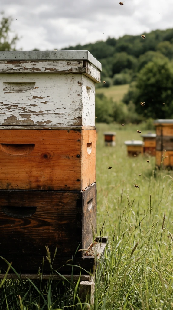 A stacked wooden beehive anchors the left foreground of a grassy landscape under an overcast sky. The weathered apiary features three tiers: a distressed white-painted top box with peeling flakes, a warm orange-brown middle section, and a dark stained bottom box, each with carved recessed handles. Tall green grass and seed stalks surround the base in sharp focus as silhouetted bees buzz through the air. The softly blurred background reveals a green meadow dotted with additional beehives stretching toward a forested hillside. The earthy color palette highlights the rustic wood textures, captured with a shallow depth of field and naturalistic daylight.