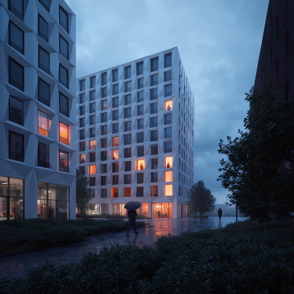 A modern mid-rise building with a faceted geometric facade stands over a wet pedestrian plaza at twilight. The primary structure features a repeating pattern of white, origami-like angled panels surrounding rectangular windows, several of which glow with bright orange interior light revealing silhouettes of occupants. To the left, a coordinating building displays large glass ground-floor storefronts, while a darker building frames the right. In the foreground, dense dark green shrubbery borders a wet reflective paved walkway. A figure carrying a dark umbrella walks towards the central building, their form reflecting on the damp pavement, while another distant pedestrian strolls under an overcast moody blue sky. The photorealistic architectural rendering utilizes a wide perspective, contrasting the cool ambient blue hour illumination with the warm luminescence spilling from the interior spaces.