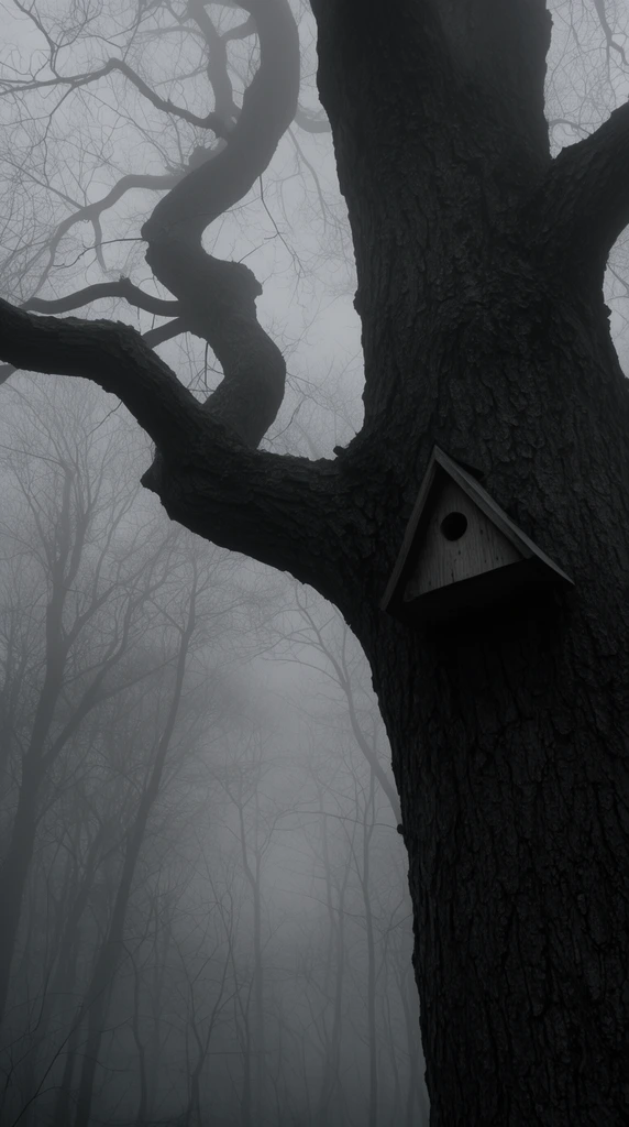 massive dark tree trunk foreground, small triangular wooden birdhouse on bark, thick twisting branch extending left, misty forest background, bare silhouetted trees fading into heavy grey fog, eerie atmospheric photography, low angle, diffuse light, monochromatic grey palette