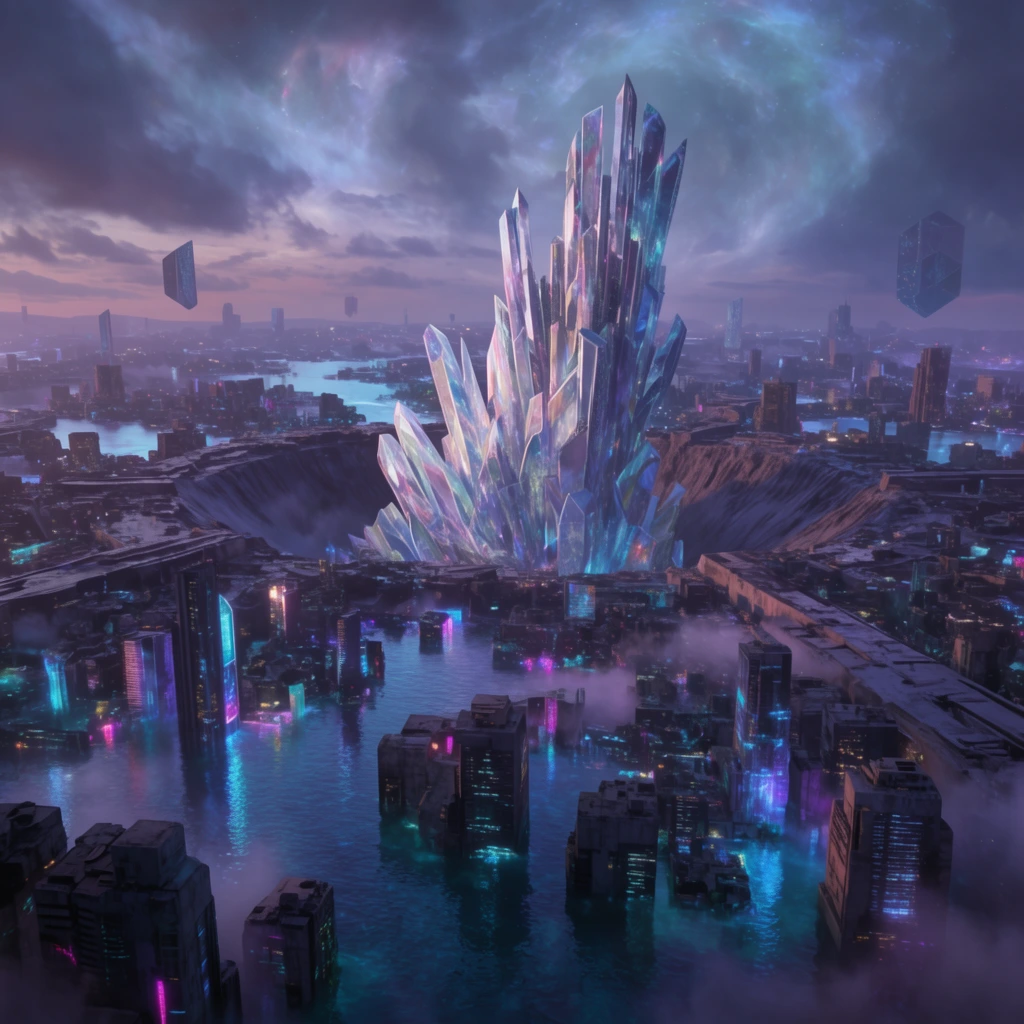 A colossal, asymmetrical crystalline citadel juts from a massive crater, dominating a flooded futuristic metropolis. Submerged brutalist skyscrapers reflect deep cyan and magenta bioluminescence across rippling water. The sprawling urban ruins stretch across the horizon, intersected by glowing neon canals. A moody twilight sky arches above, filled with swirling nebulous clouds and floating geometric monoliths. The sweeping aerial perspective captures the immense scale of the labyrinth leading to the central towering crystal structure. Soft atmospheric mist clings to the surface, diffusing vibrant architectural lights and creating a dense cinematic haze over the landscape.