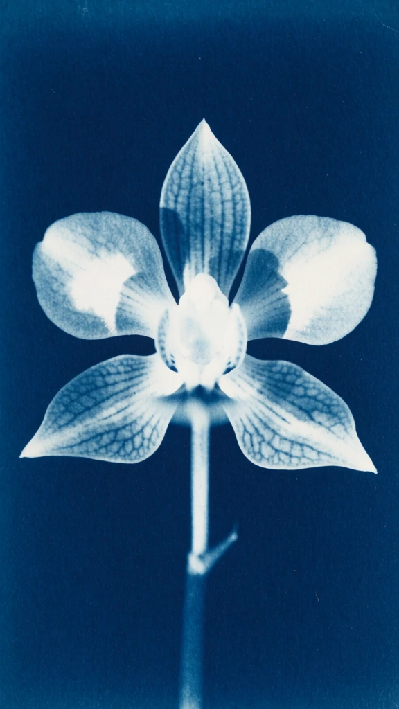 A single orchid flower is captured in a monochromatic blue cyanotype print, centered against a dark Prussian blue background. The orchid bloom consists of five distinct petal-like structures and a central column with a thin, vertical stem extending downward from the flower's base. The top sepal is pointed and oriented vertically, featuring delicate light-blue vein patterns across its surface. Two large, rounded lateral petals flank the center, appearing semi-translucent with bright white highlights concentrated where they join the core. Below these, two additional sepals flare outwards and downwards, their surfaces displaying intricate, web-like vein networks that contrast against the surrounding blue. The central part of the flower is the brightest white area of the image, where the floral structures converge. The entire subject is set against a solid, textured background of deep Prussian blue, which shows a grainy, mottled quality consistent with heavy-weight watercolor or art paper. The image utilizes the cyanotype photographic process, resulting in a high-contrast, blue-and-white monochromatic color palette with a flat, top-down perspective. This technique creates an ethereal, x-ray-like appearance through the varying translucency of the petals, emphasizing the botanical symmetry and organic form of the orchid.