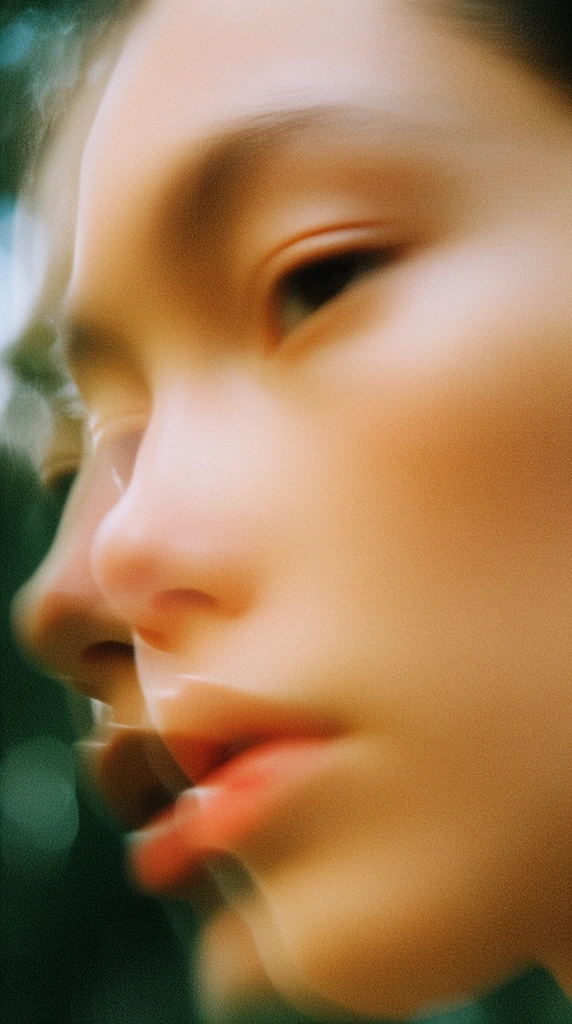 macro portrait of a face, ethereal double exposure, overlapping features, motion blur, smooth warm skin, heavy film grain, dark green bokeh background, soft focus photography