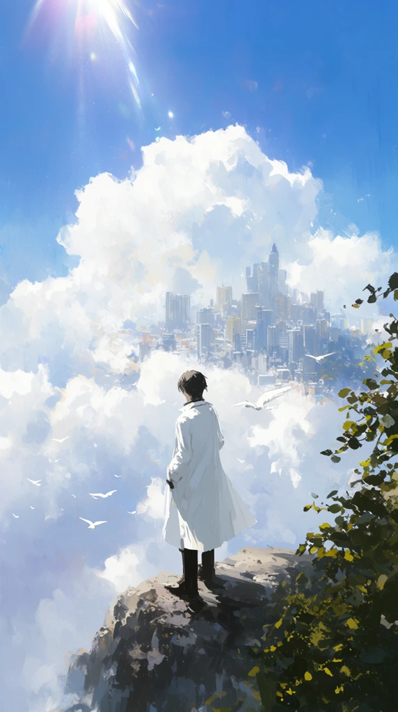 A figure in a white coat stands on a rocky cliff overlooking a distant city rising from massive white clouds. Bright blue sky with sun glare. White birds fly nearby. Leafy branches frame the right edge. Painterly digital art.