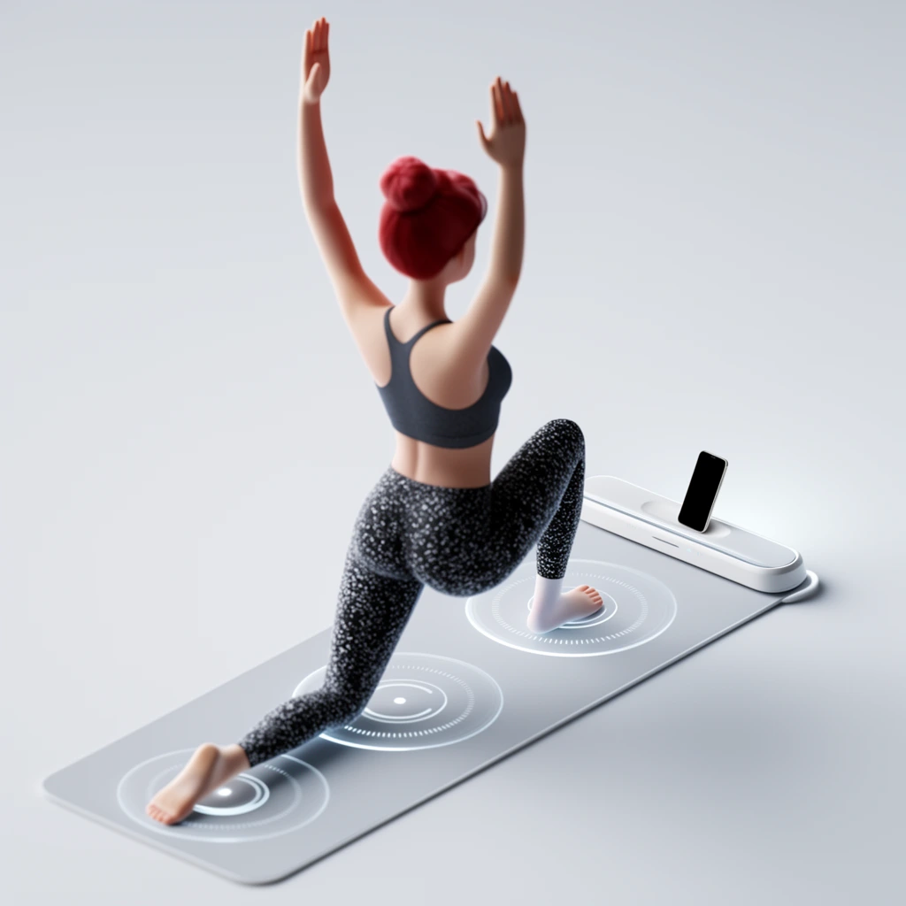 A high-angle 3D render of a woman practicing yoga in a stark light grey void. She is positioned in a low lunge with raised arms, facing away. She wears a red hair bun, dark grey sports bra, and speckled black-and-white leggings. She kneels on a light grey yoga mat featuring glowing circular target zones beneath her foot and knee. A sleek white device with an upright docked smartphone sits at the mat's front edge. Soft, diffused lighting and shallow depth of field complete the futuristic fitness aesthetic.