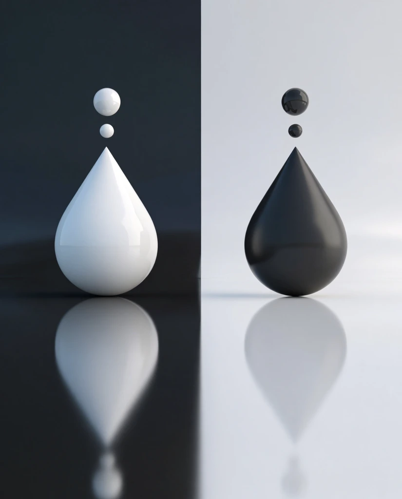 A perfectly symmetrical minimalist composition divided vertically into contrasting dark and light halves. On the left, against a deep charcoal background, a large opaque white teardrop shape rests on a highly reflective black surface, with two small glossy spheres hovering directly above its pointed apex. On the right, against a soft white background, an inverted palette features a matte black teardrop shape on a reflective white floor, accompanied by two hovering dark spheres. Both abstract arrangements cast pristine, elongated reflections downwards into the glossy ground. Soft, diffused studio lighting highlights the smooth, flawless curves of the geometric forms, emphasizing the surreal balance and striking high-contrast 3D rendered aesthetic.