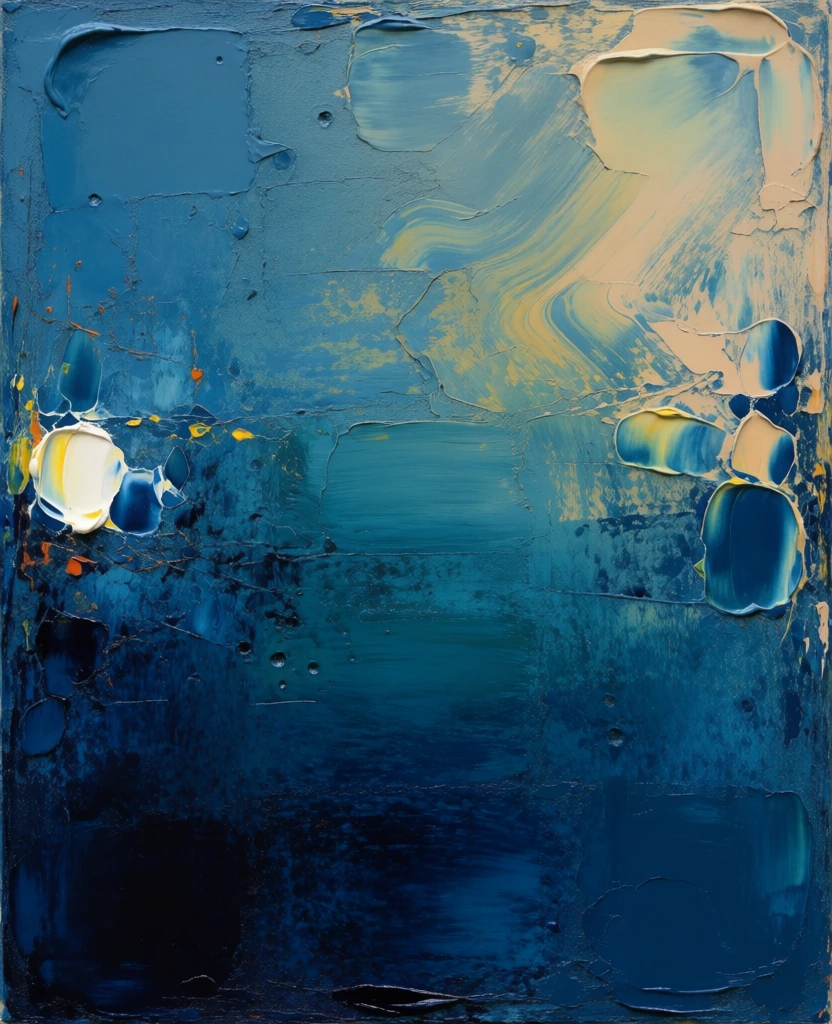 An abstract painting featuring a textured gradient of deep blues and muted yellows transitions from a dark, navy-colored base to lighter cerulean and cream tones at the top. The lower third of the canvas is occupied by a dense, near-black blue that gradually brightens into a mid-tone teal toward the center. Thickly applied impasto creates a heavily textured surface throughout, with raised lumps of paint, fine scratches, and small crater-like indentations catching light from an indeterminate source. In the upper right quadrant, streaks of pale beige and light yellow blend diagonally into the blue, creating a sense of fluid movement. A concentrated patch of bright white and yellowish-white paint on the middle-left edge serves as a prominent highlight, while smaller specks of orange and yellow are scattered across the left side. The middle section shows a smoother application of paint with horizontal brushstrokes that contrast with the chaotic, swirling patterns in the upper right. The overall composition uses a color field approach with a focus on tactile depth, where the varying thickness of the paint and the layered application of pigments create a complex, atmospheric effect. No text is present in the image.