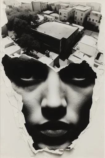 Fragmented Noir Portraiture style reference image — torn paper collage