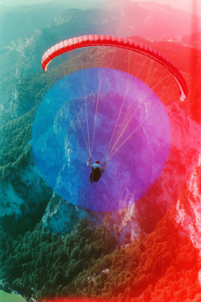 paraglider with a red canopy flying over a rugged forested mountain landscape, aerial perspective, vibrant surreal color manipulation, strong pinkish-red wash enveloping the right side, large semi-transparent circular blue-to-purple gradient overlay across the rocky cliffs, cyan-tinted deep shadows, retro lo-fi light leak aesthetic