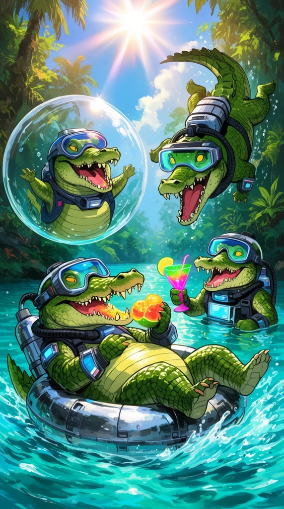 Four anthropomorphic crocodiles in futuristic scuba gear frolic in a bright jungle lagoon. One floats on a metallic ring eating glowing fruit. Another dives mid-air wearing a visor. A third cheers inside a transparent bubble, while a fourth holds a neon cocktail. Vibrant comic-style illustration with intense sun glare and splashing water.