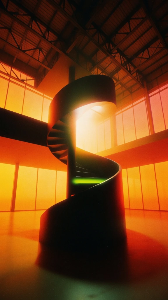 central silhouette of a helical spiral staircase, cavernous industrial interior with exposed steel rafters, massive floor-to-ceiling windows glowing with a saturated orange and amber atmospheric gradient, stark low-key lighting, heavy coarse filmic grain, soft-focus blooming highlights, a singular toxic-green horizontal glint on a central step, minimalist geometric composition, vintage high-iso color film stock, ethereal hazy bloom, dark crushing shadows, 1970s experimental cinematography.