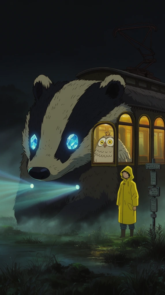 A massive, furry badger-shaped tram creature rests in a foggy midnight marsh, its glowing blue crystal eyes projecting bright beams forward. Through warm, yellow-lit arched side windows, a large, round, feathered owl-like being wearing a tiny crown peers out. Beside the creature, a tall wanderer in a yellow raincoat stands near a metallic signpost. Hand-drawn 2D animated cel style, deep shadows, atmospheric mist.