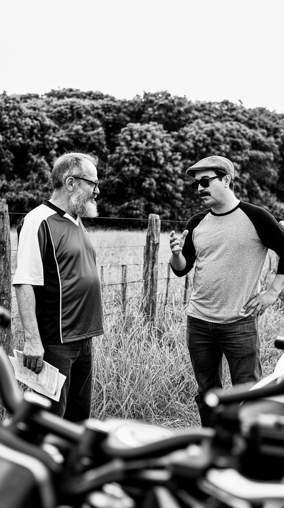 A high-contrast black and white photograph of two men conversing, framed by heavily blurred motorcycle parts in the extreme foreground. The older man on the left has a full grey beard and dark-rimmed glasses, wearing a two-tone jersey while holding a folded paper. He looks attentively toward the second man, who sports a mustache, dark sunglasses, a newsboy cap, and a raglan shirt, gesturing actively with his right hand while resting his left hand on his hip. They stand in a tall grassy field beside a rustic wire fence with wooden posts, backed by a dense, textured treeline under a bright, flat sky.