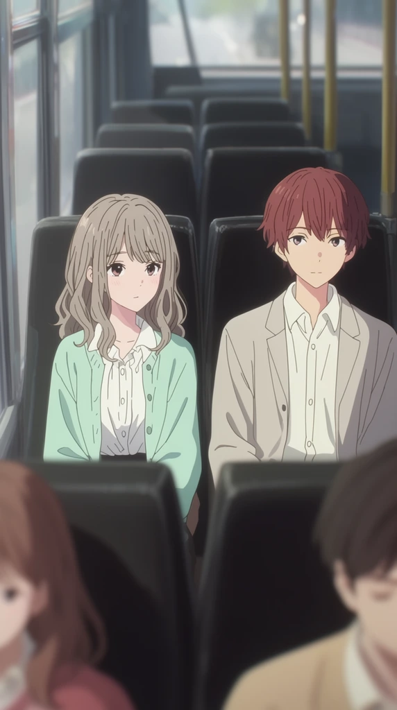 two anime teenagers sitting side-by-side on a bus, girl with wavy ash-blonde hair and mint cardigan, boy with reddish-brown hair, high-backed black seats, blurred passengers in foreground, soft cinematic lighting, shallow depth of field, 2D animation style, muted pastel colors