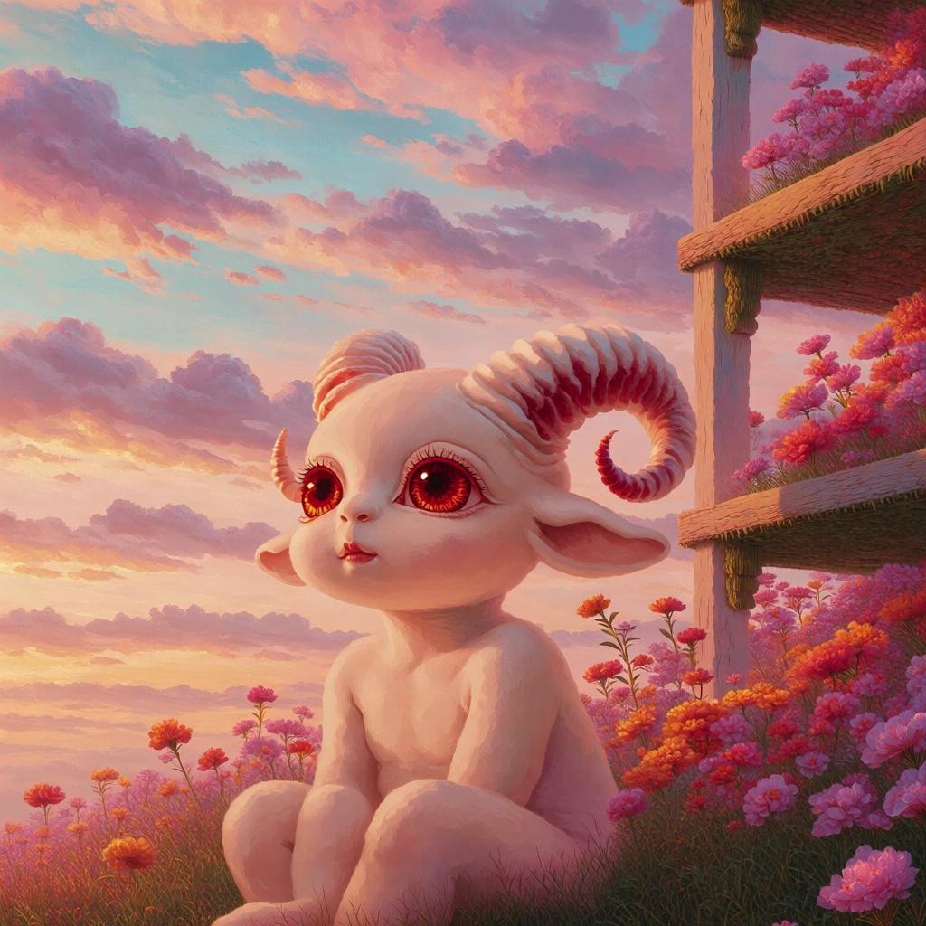 surrealist digital illustration with a soft painterly aesthetic, a small whimsical creature with ridged inward-curving horns sitting in front of a rustic wooden shelving unit, bathed in ethereal golden hour light, soft pastel color palette featuring peach, lavender, and warm sunset oranges, dreamlike atmosphere with gentle diffused lighting, low-angle cinematic composition, fine textured surfaces, soft-focus background, whimsical and serene mood, evocative of a magical fantasy world.