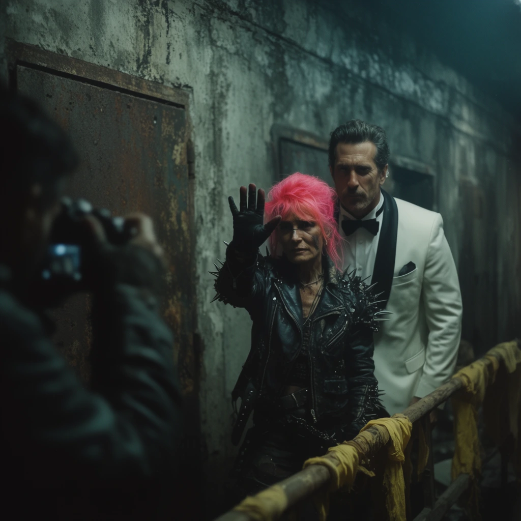 blurred silhouette of a figure aiming a camera in the left foreground, rugged woman with neon-pink hair in a spiked leather jacket raising a gloved hand to block the lens, towering man in a white tuxedo peering from behind her, decayed water-stained concrete tunnel with rusted iron doors, wooden handrail wrapped in torn yellow cloth, gritty cinematic lighting, heavy teal shadow color grading, neo-noir aesthetic, shallow depth of field