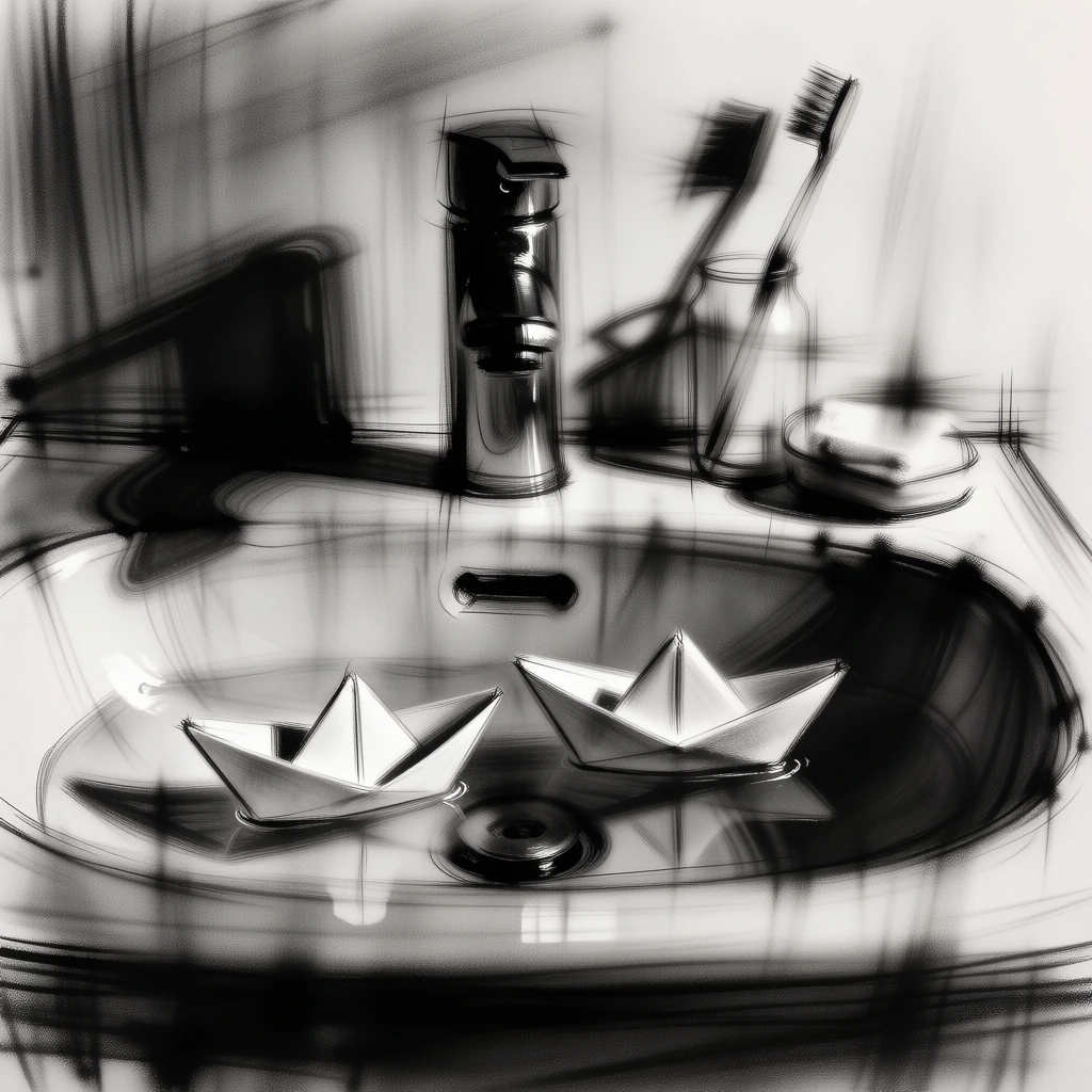 minimalist gestural charcoal drawing, atmospheric monochromatic aesthetic, bathroom sink basin containing delicate paper boats and blurred personal care items like a toothbrush and soap, smudged charcoal textures, hazy motion-blurred edges, spectral and ethereal quality, high-contrast black and white, isolated on a stark white negative space background, grainy hand-drawn charcoal strokes, expressive and haunting composition, soft graphite gradients, dreamlike blurry silhouettes.