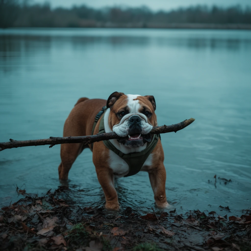 muscular brown and white bulldog in shallow water, holding a thick branch in its jaws, wearing an olive green harness, muddy shoreline with fallen leaves, calm expansive lake, distant blurred tree line, overcast sky, cool teal and brown color palette, shallow depth of field, moody cinematic photography