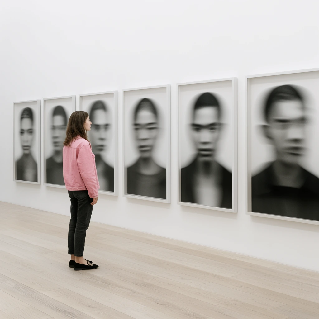 woman in pink jacket standing in profile viewing art, minimalist white gallery, large framed blurred monochrome portraits, light wood plank floor, soft lighting
