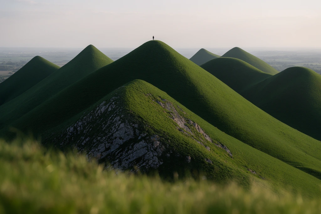 A landscape of steep, conical green hills receding into a distant hazy plain under a pale sky. A tiny human silhouette stands atop the highest central peak, emphasizing the vast scale of the terrain. The extreme foreground features heavily blurred grass, leading the eye to an ascending ridge of exposed grey rock on the nearest slope. Soft, low-angle sunlight casts deep, curving shadows across the velvet-like undulating surfaces, highlighting their striking geometric forms. The telephoto composition stacks the pointed peaks, creating intense contrast between the vividly illuminated grassy slopes and shadowed valleys.