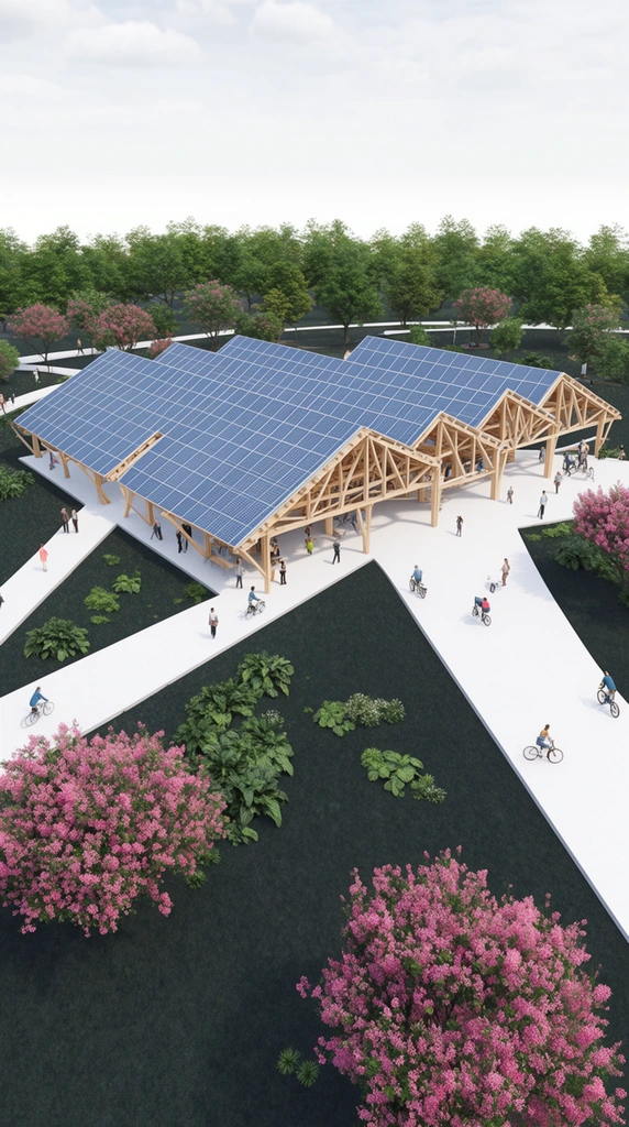 Aerial 3D architectural rendering of a modern open-air pavilion featuring a sawtooth roof heavily clad in blue solar panels and supported by an exposed light-timber truss framework. Wide, pristine white paved walkways intersect through the structure, populated by tiny pedestrians and cyclists. The complex sits on unusually dark, charcoal-green lawns dotted with lush foliage, including prominent trees blooming with vibrant pink flowers. A dense border of green trees lines the background beneath a pale, overcast sky in bright, even daylight.