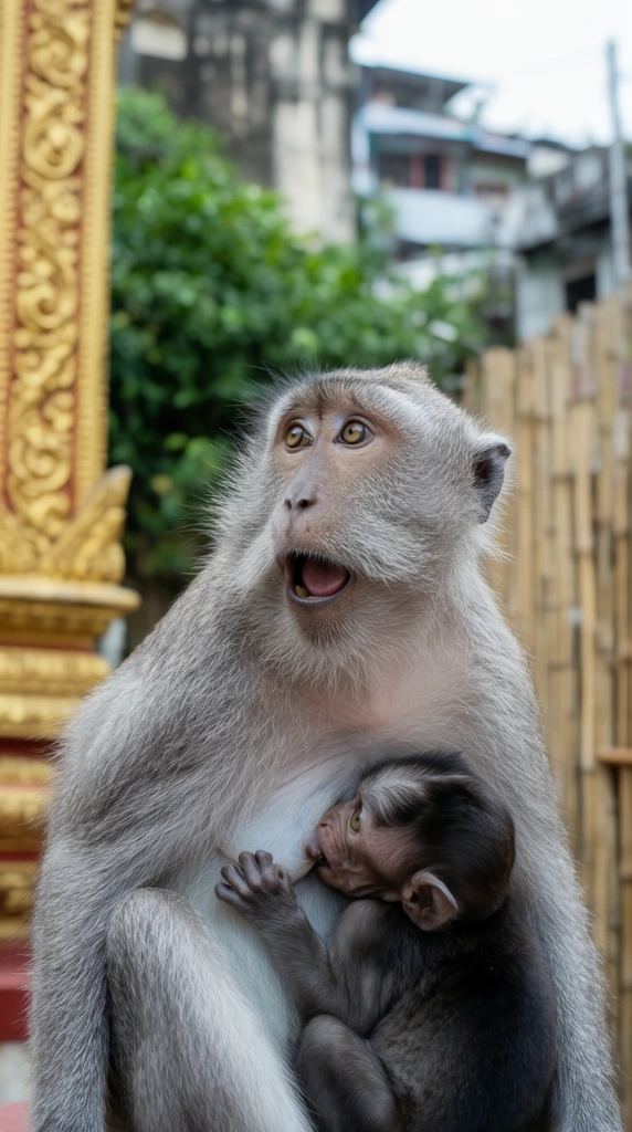 A close-up photograph captures a grey macaque nursing her infant, gazing sharply to the upper left with an open mouth. The mother cradles the dark-furred baby against her chest, its tiny fingers tightly gripping her textured fur. The sharply focused subjects contrast against a softly blurred background with a shallow depth of field, featuring an ornate golden pillar, green foliage, a bamboo fence, and muted urban buildings. Soft natural daylight highlights the intricate details of the monkey's expressive wide eyes and fur.
