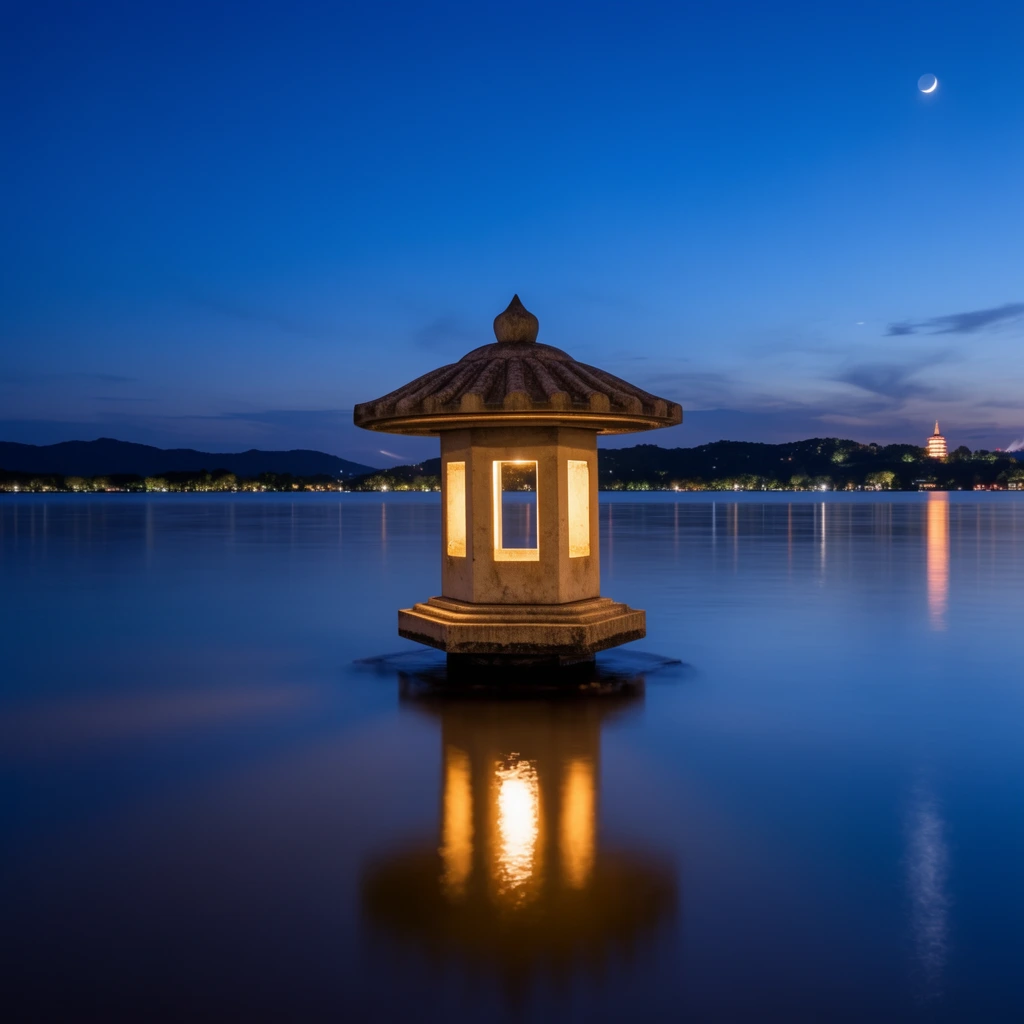 A traditional stone lantern glows softly from the center of a calm lake under a deep blue twilight sky. The structure features a flared roof and rectangular openings radiating warm golden light, casting a perfect, stretched reflection across the glassy water. In the distant background, a shoreline is dotted with glowing city lights, dark rolling hills, and an illuminated multi-tiered tower. The serene, long-exposure night photography captures a sky transitioning from rich indigo to lighter blue, accented by a thin crescent moon in the upper right.