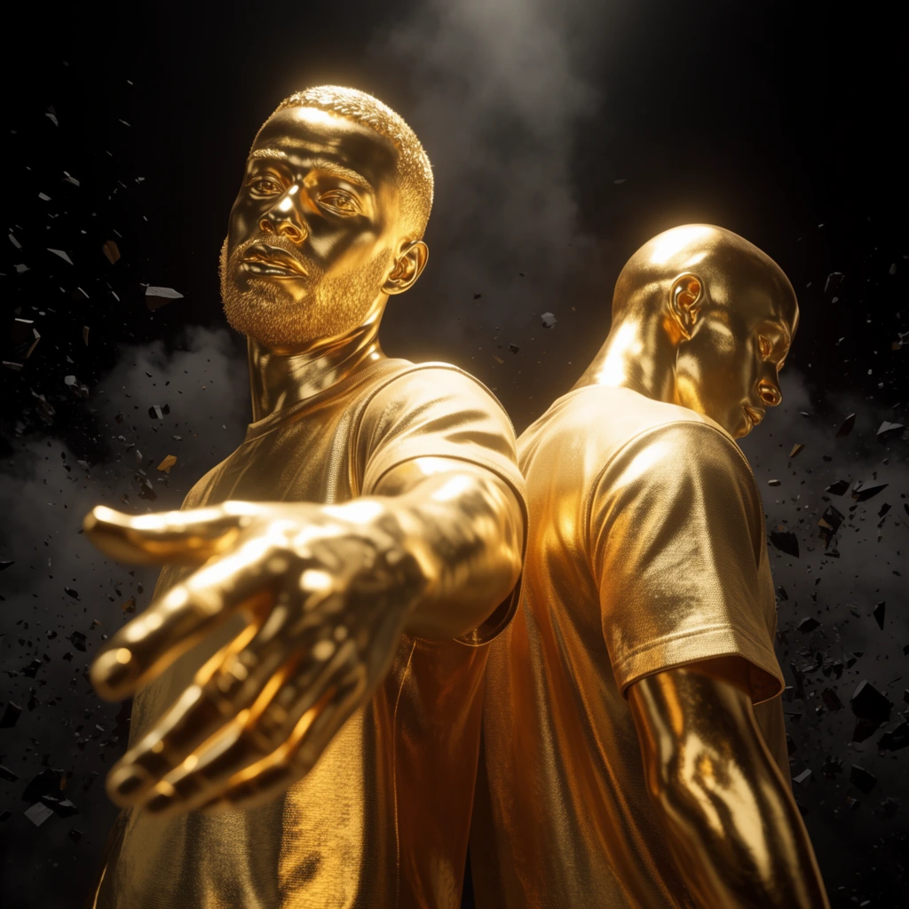 Two male figures cast entirely in gleaming solid gold stand back-to-back in a pitch-black, smoky void. The left figure, sporting short hair and a beard, twists to thrust his hand toward the lens with extreme foreshortening. The bald right figure faces away, glancing downward. Both wear t-shirts with fine fabric weaves perfectly preserved in the highly reflective metal. Volumetric dark smoke and exploding shards of black debris surround them. A dynamic low-angle perspective and intense overhead spotlighting create brilliant specular highlights, emphasizing hyper-realistic metallic textures in a polished cinematic 3D render.