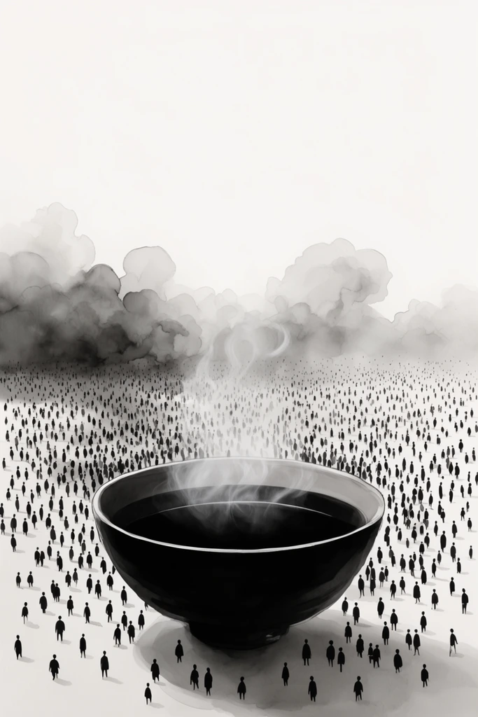 large dark bowl of black liquid in lower center, delicate white steam rising, massive crowd of tiny black silhouetted figures scattered across a vast pale expanse, translucent grey ink-wash clouds billowing above the distant crowd, surreal minimalist illustration, monochromatic black and soft grey palette, stark contrast, expansive white negative space in upper half
