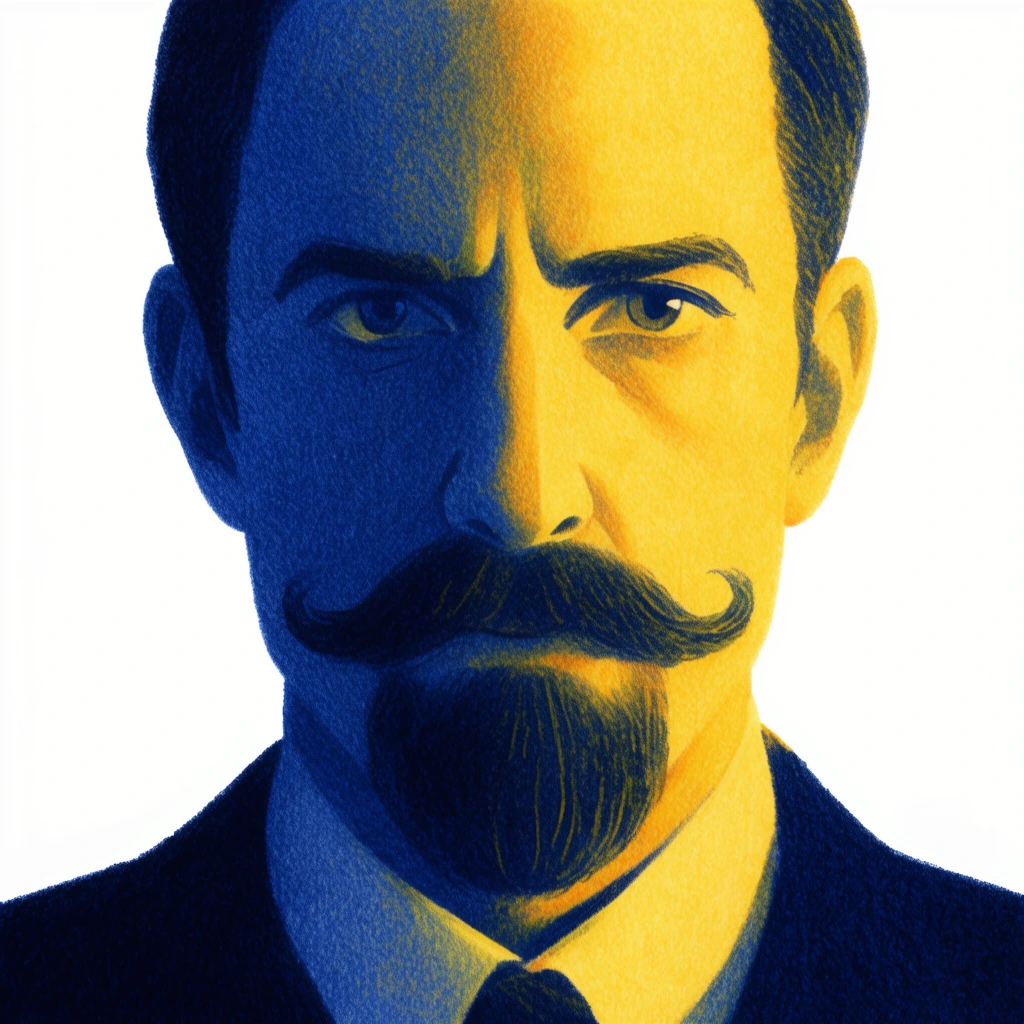 A textured duotone portrait of a man with a thick handlebar mustache, goatee, and dark suit against a stark white background. Rendered in a grainy colored-pencil style, dramatic split lighting casts the left side of his intensely gazing face in deep navy blue shadow while the right side glows in warm golden yellow.