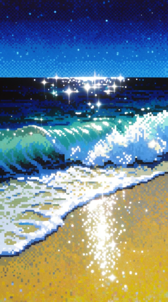 Ocean waves washing onto a sandy beach rendered in a vibrant, high-contrast retro pixel art style. The curling crest of the wave and the spreading sea foam are constructed from stark white and pale cyan square pixels, culminating in intense, blinding specular highlights. These highlights manifest as bright white cross-shaped optical flares and densely scattered, glowing pixel clusters along the wet, reflective sand and the turbulent lip of the breaking water. The ocean swell transitions through bands of saturated teal and deep navy blue using distinct, patterned pixel dithering to simulate depth and light transmission. The sandy shoreline is built from blocky, textured pixels in shades of warm yellow, ochre, and bright gold, with the saturated colors creating a stark contrast against the dark water. Above the crisp horizon line, the sky displays a rich, heavily dithered gradient shifting from a luminous azure near the water to a deep, dark cosmic blue at the upper edge, peppered with scattered light blue pixels. The entire composition embodies a classic 16-bit video game aesthetic with pronounced, unaliased square pixels, dramatic lighting contrast, and a surreal, glowing atmosphere achieved entirely through meticulous color stepping and scattered pixel techniques.