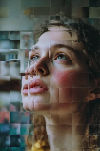 Fragmented Neon Surrealism style reference image — digital distortion