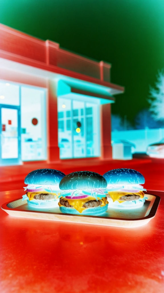 three hamburgers with cheese and toppings resting on a wood tray in front of a building, rendered in a high-contrast inverted color palette featuring electric cyan and neon blue subjects against a searing tomato red ground and deep emerald green background, harsh direct on-camera flash photography, heavy digital grain, lo-fi y2k digital camera sensor noise, blurred edges, low-resolution snapshot quality, oversaturated and posterized color grading, flattened perspective.