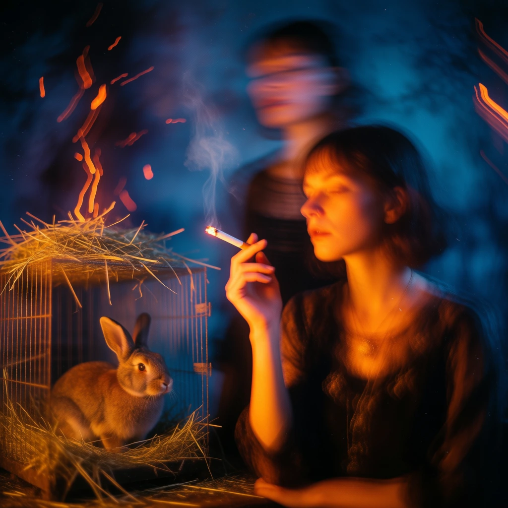 dreamy long-exposure photography with vertical motion blur, deep indigo and teal background, a woman on the right holding a glowing cigarette, a wire cage with a rabbit and hay to her left, a faint secondary figure in the background over her shoulder, painterly abstract aesthetic, vibrant orange light streaks, warm amber highlights, soft focus, cinematic grain, textured shadows, vertical composition, ethereal layers, glowing embers, mysterious filmic atmosphere, impressionistic bokeh.