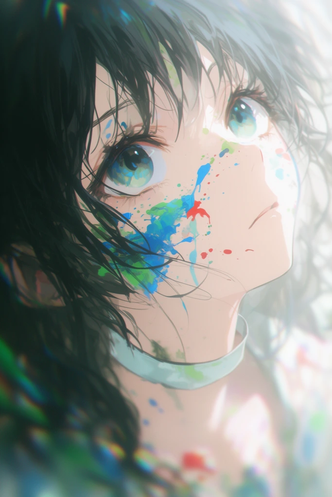 A close-up anime-style portrait of a young woman looking upward with large blue-green eyes. Her messy dark hair falls across a pale face decorated with vibrant blue, green, and red paint splatters. She wears a simple light-colored choker. The soft-focus composition features bright, ethereal lighting, a blurred background, and subtle chromatic aberration.