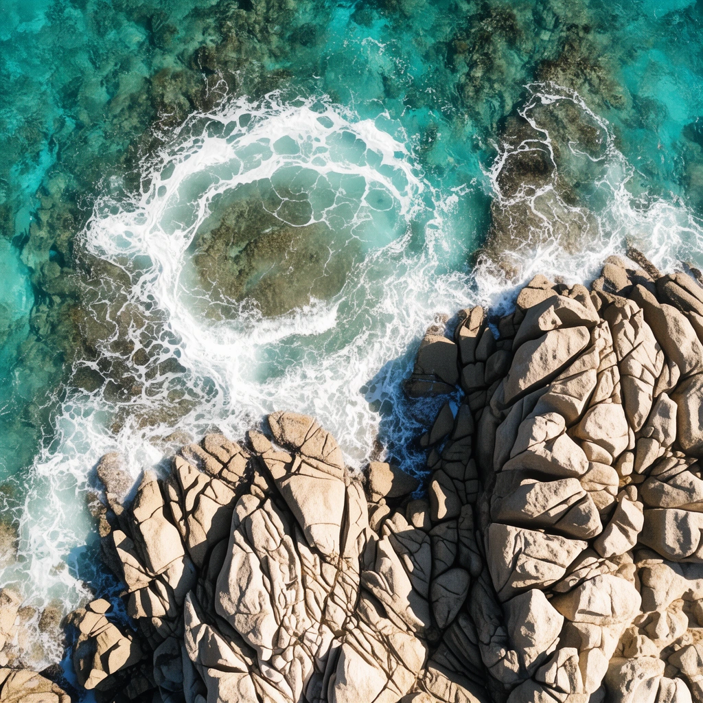 Aerial top-down view of turquoise ocean waves crashing against a rugged rocky coastline. Swirling white sea foam creates intricate circular patterns over submerged reefs. Deeply grooved, light tan granite boulders dominate the lower right. Bright sunlight casts stark shadows across the fractured stone, contrasting the translucent, dynamic water with the harsh geological textures.