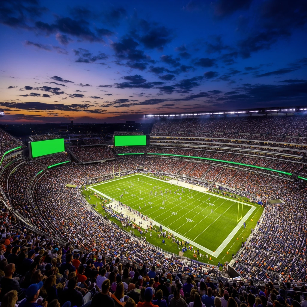 Massive open-air American football stadium packed with spectators at dusk, high-angle panoramic view, brightly lit green turf field with white yard lines, tiny players scattered across the grass, sweeping tiered seating, glaring stadium floodlights, huge glowing green digital screens, dramatic twilight sky with scattered clouds, vibrant high-contrast sports photography