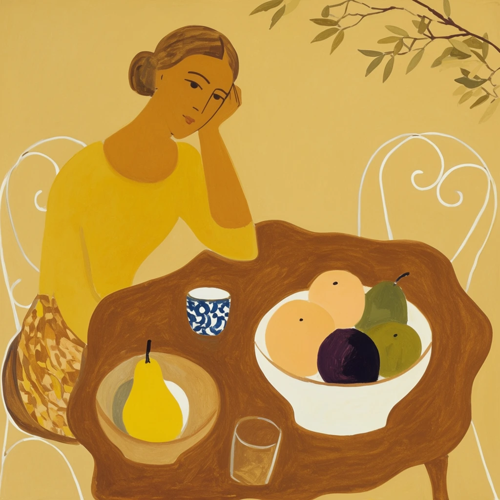 A modernist painting features a woman resting her head on her hand while seated at a wavy brown table set with bowls of fruit. The woman has tan skin, brown hair in a bun, and wears a yellow top and patterned skirt. A distorted brown table dominates the foreground, holding a white bowl of pale orange, dark purple, and green fruit. Nearby sits a smaller bowl with a bright yellow pear, a small blue-and-white patterned cup, and a clear glass. Curvilinear white wire chairs frame the table against a flat, pale ochre background where a thin leafy branch drops from the upper right corner. The artwork utilizes a stylized, flattened perspective with expansive unshaded color planes, simplified organic shapes, and a warm monochromatic yellow and brown palette.