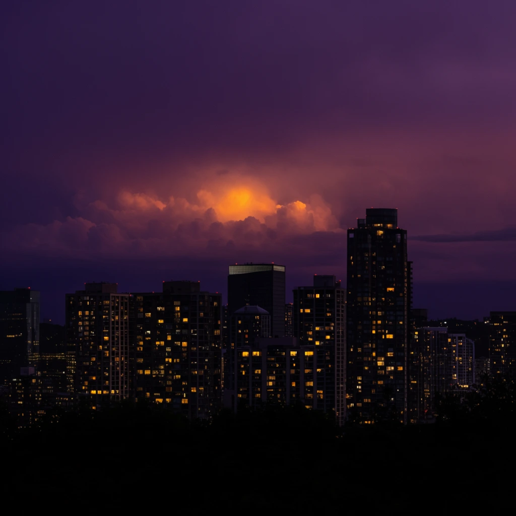 illuminated city skyline at dusk, glowing yellow window lights, deep purple dramatic sky, glowing orange cloud break, dark silhouette foreground, nighttime cityscape photography