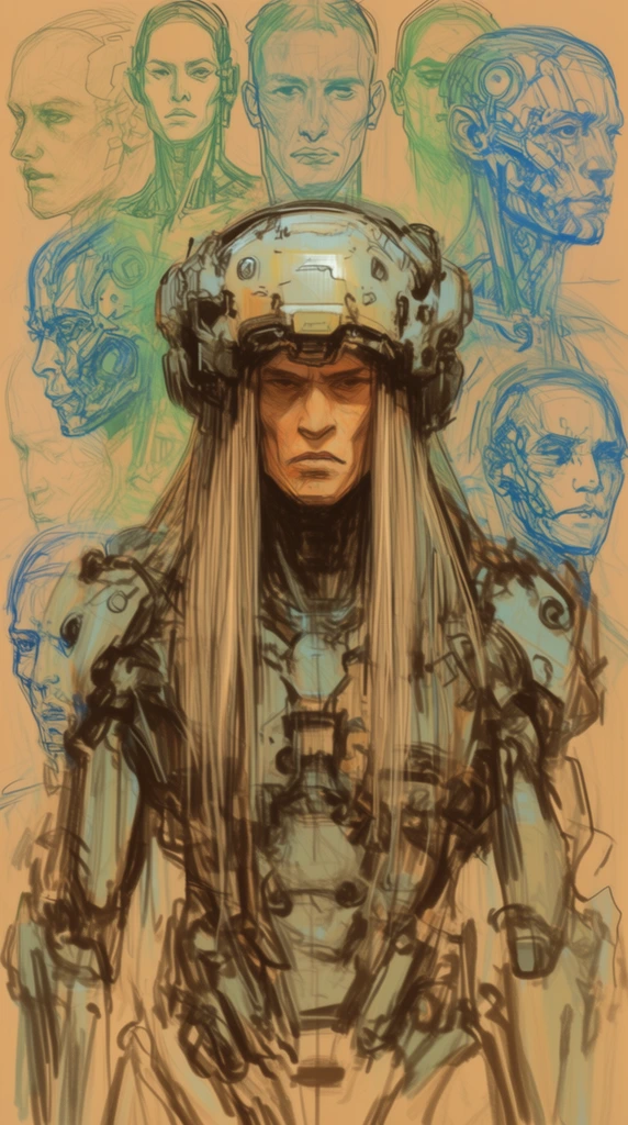 central humanoid in bulky sci-fi helmet and mechanical exoskeleton, stern expression, long straight hair, background collage of overlapping sketched human and cyborg faces, blue and green line art, warm tan background, rough concept art sketch, loose strokes