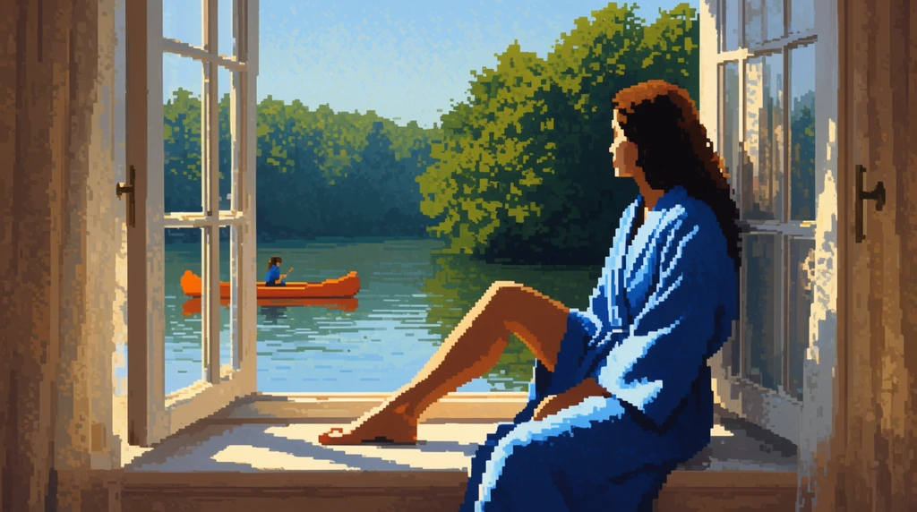 retro pixel art, woman in a blue robe sitting on a sunlit windowsill, looking out an open window, calm river, orange canoe, green trees, sharp shadows, warm daylight, 16-bit aesthetic