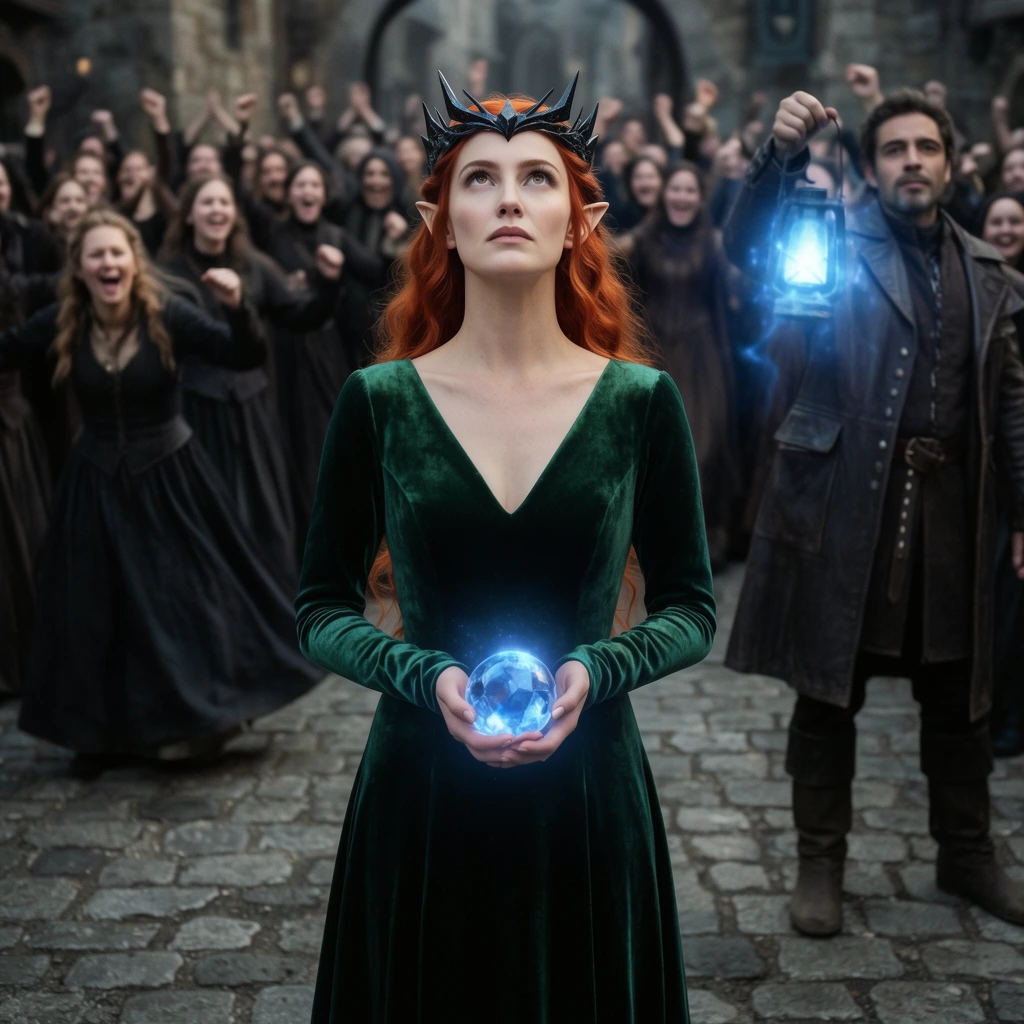 A tall elegant elf woman with fiery red hair stands centrally wearing a sleek emerald-green velvet gown and a jagged obsidian circlet. She holds a glowing blue crystal orb gazing upward with a serious expression. Behind her a blurred crowd of townspeople in dark gothic medieval attire cheers and dances enthusiastically on a gray cobblestone plaza. To her right a slightly out-of-focus man in a heavy leather coat holds aloft a glowing blue magical lantern. Shot with cinematic lighting shallow depth of field and a dramatic low angle.
