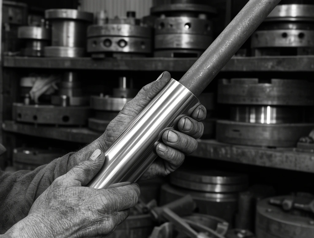 Close-up black and white photograph of weathered hands gripping a gleaming metallic cylinder fitted around a matte diagonal pipe. The out-of-focus background reveals a cluttered industrial workshop with shelves stacked with heavy circular metal dies. High contrast lighting emphasizes the tactile differences between the rough skin, the dull rod, and the smooth reflective sleeve.
