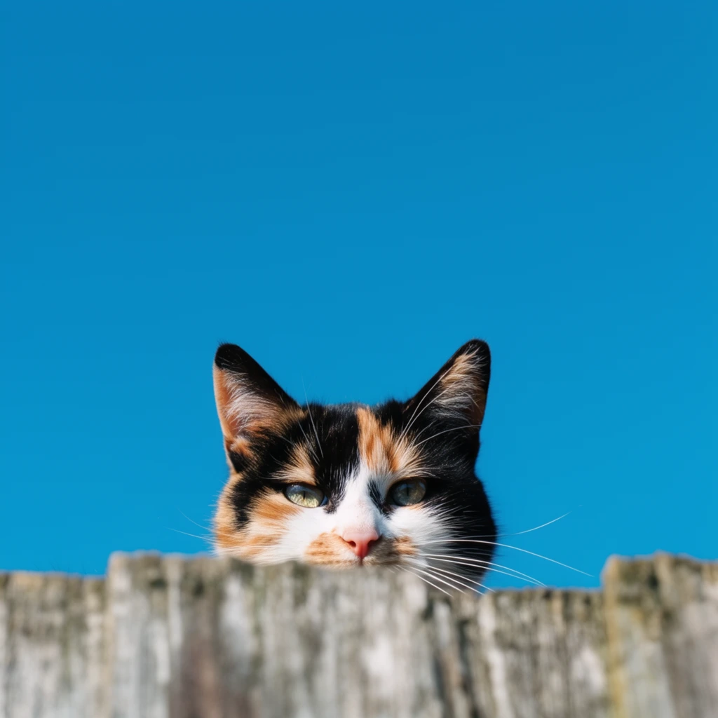 A calico cat with stark black, white, and ginger fur peeks intimately over a heavily weathered wooden fence against a vibrant, solid azure sky. Captured from a low angle looking upward, the framing isolates the feline in the lower third, leaving a massive expanse of clear blue negative space above. Only the cat's eyes, ears, pink nose, and sweeping white whiskers are visible above the rough, out-of-focus wooden boards in the extreme foreground. The sharp focus on the feline's intense, unblinking gaze contrasts starkly with the soft foreground texture and the luminous, minimalist background under crisp natural daylight.