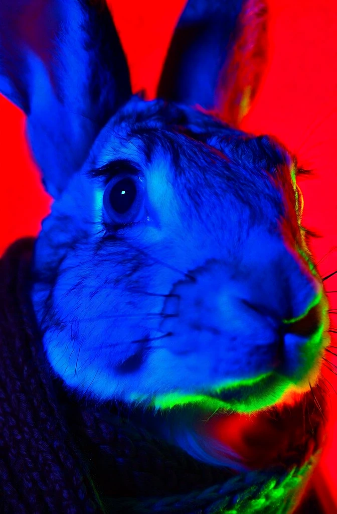 extreme close-up portrait of a rabbit wearing a thick knitted scarf, high-contrast tri-tone lighting, vibrant royal blue key light saturating the fur, sharp focus on the eye with a bright catchlight, intense flat red background, neon green rim light accentuating the jawline and underside of the scarf, cinematic moody atmosphere, sleek commercial photography style, ultra-saturated color palette, 80s neo-noir aesthetic, dramatic shadows, crisp fur textures