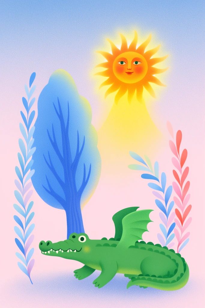 whimsical illustration, glowing sun-faced mythical creature hovering, green winged crocodile, blue tree, stylized plants, pastel colors, stippled texture