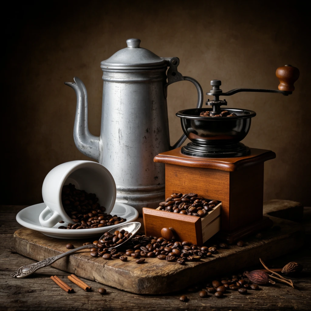 A rustic still life composition features vintage coffee-making tools and roasted beans bathed in dramatic chiaroscuro lighting. A tall, distressed aluminum Neapolitan coffee pot stands beside a manual coffee grinder featuring a rich wooden base, a black metal hopper, and a crank handle. The grinder's small drawer is pulled open, overflowing with dark roasted beans that cascade across a thick, weathered wooden cutting board. A white ceramic cup lies tipped over on a matching saucer alongside an ornate silver spoon, releasing more beans into the arrangement. Loose beans and a few whole spices are scattered across the rough wooden table underneath. The tableau is set against a mottled sepia-toned backdrop, where soft, directional illumination from the left creates deep, moody shadows, lending the scene a timeless, painterly aesthetic.